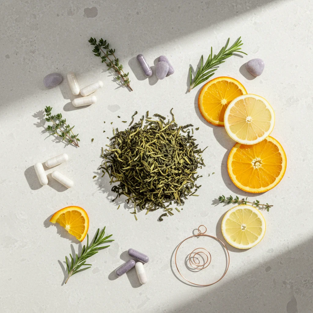 Plantaardige ingrediënten van Ozalyn: groene thee, magnesium, zink en vitamine C