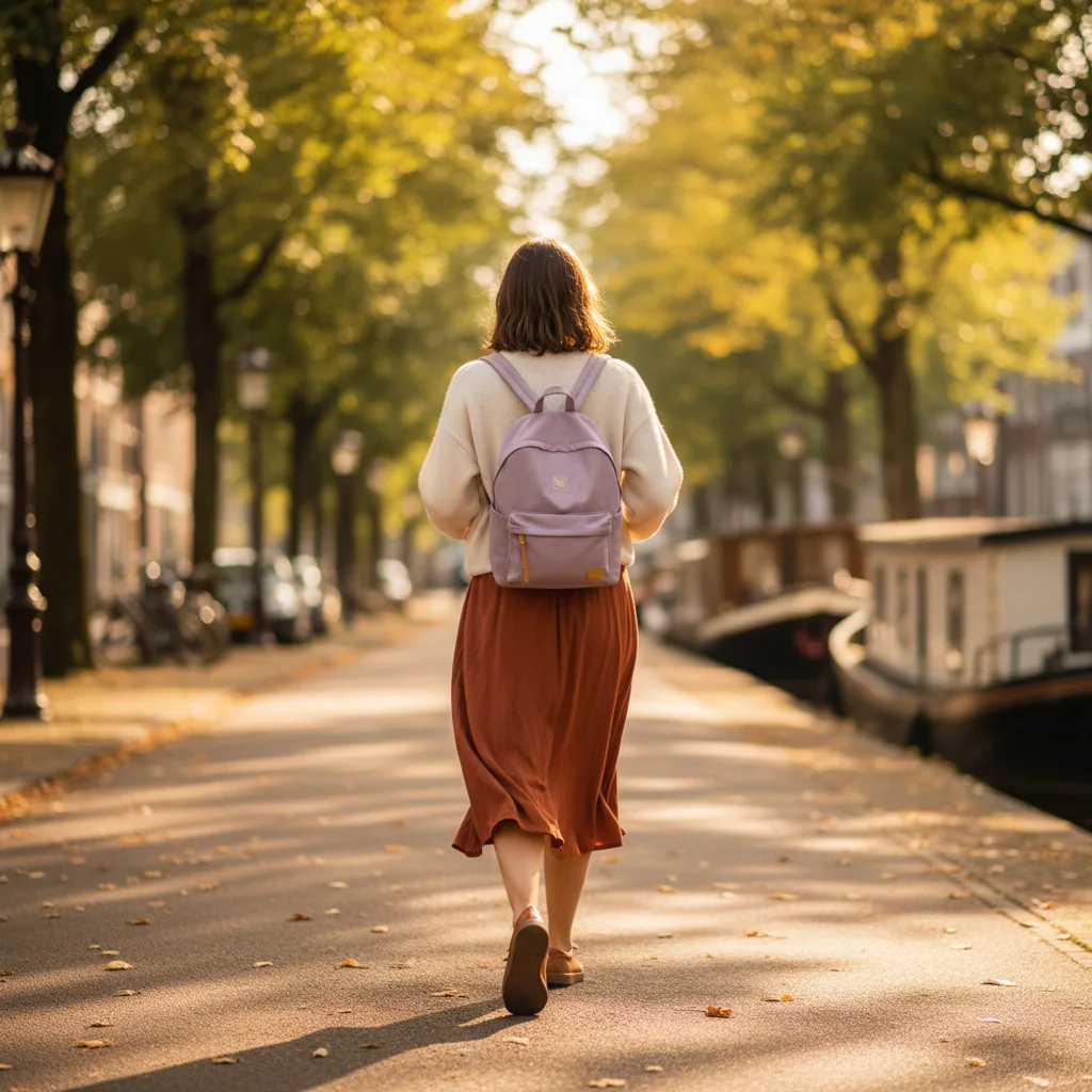 Anonieme vrouw wandelt energiek op een zonnig stadspad